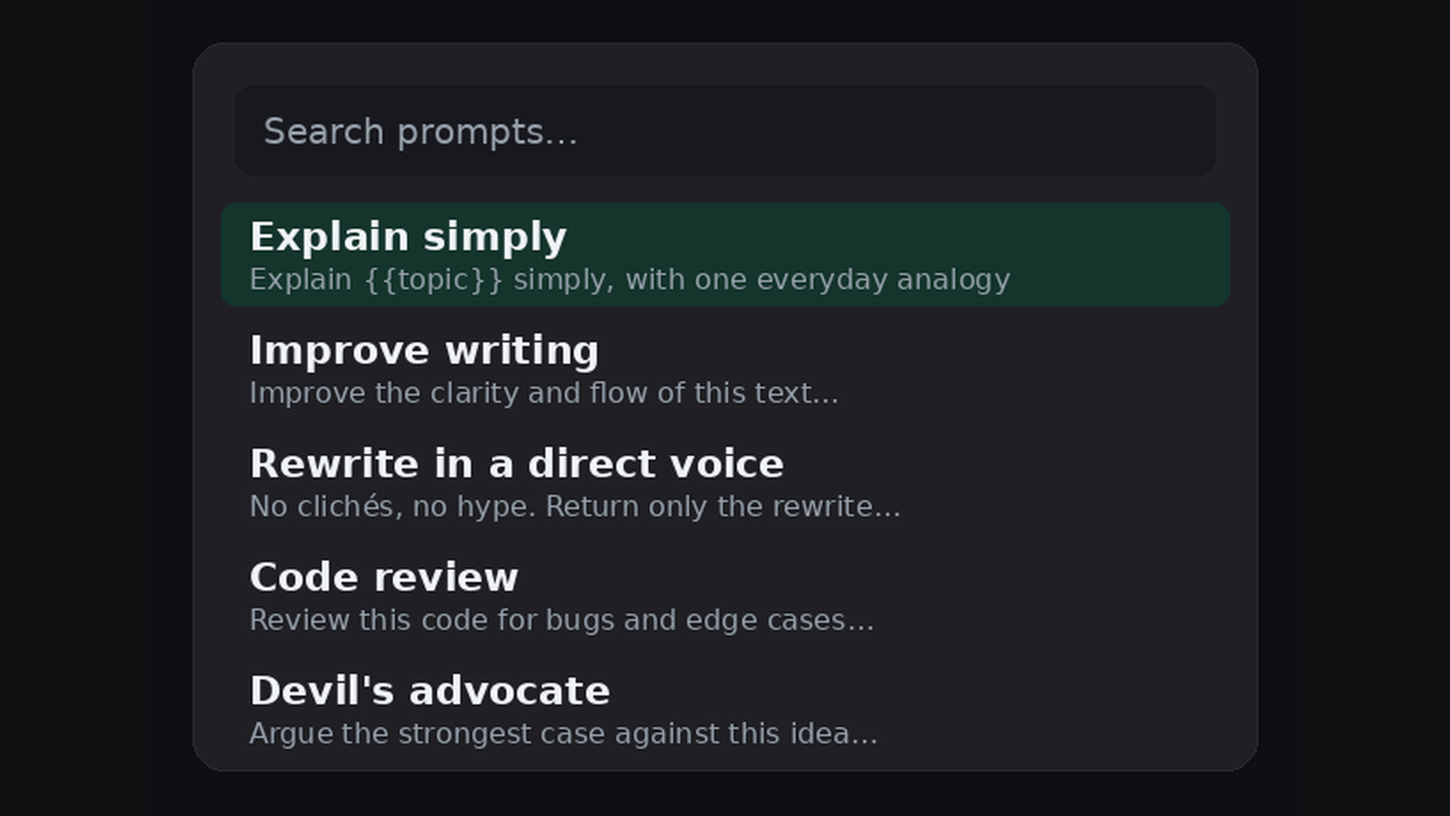 The PromptDeck palette open, showing a searchable list of saved prompts